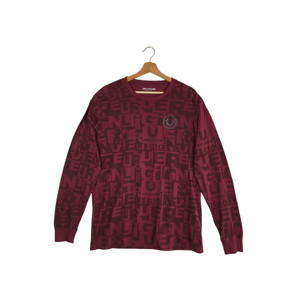 True Religion Long Sleeve T-Shirt Mens XL Burgundy All Over Logo Print Tee Y2K